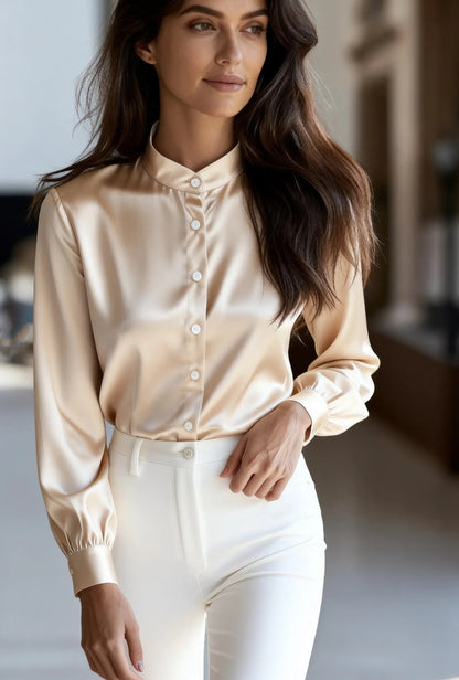 Autumn Solid Color Temperament Commuter Stand Collar Button Long Sleeve Shirt