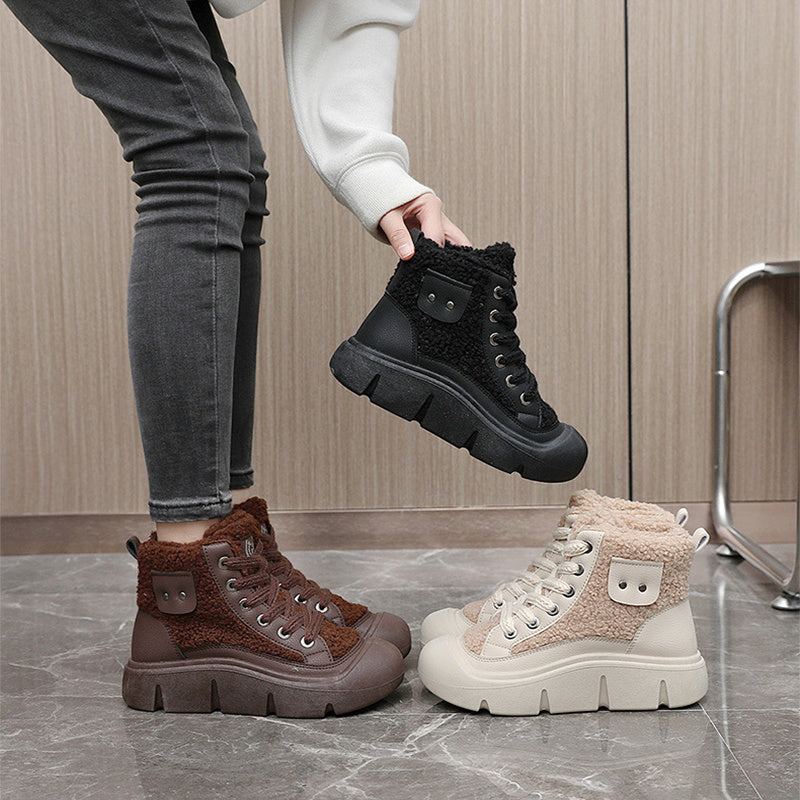 Chaussures plates montantes à lacets pour femmes, bottes de neige chaudes en cachemire pour l'hiver, tendance, mode . Soyez stylée et au chaud en même temps.