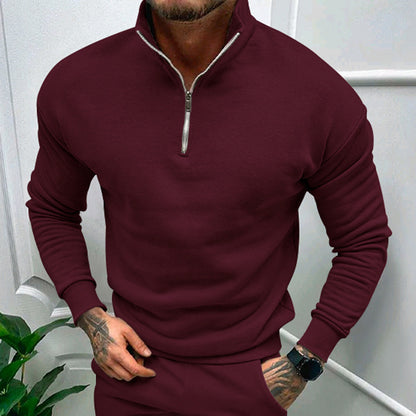 Sweat-shirt zippé de couleur unie pour homme, haut à manches longues doublé polaire, automne et hiver