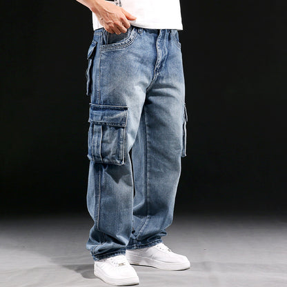 Jean de travail américain multi-poches pour homme, coupe ample, coupe large, grande taille