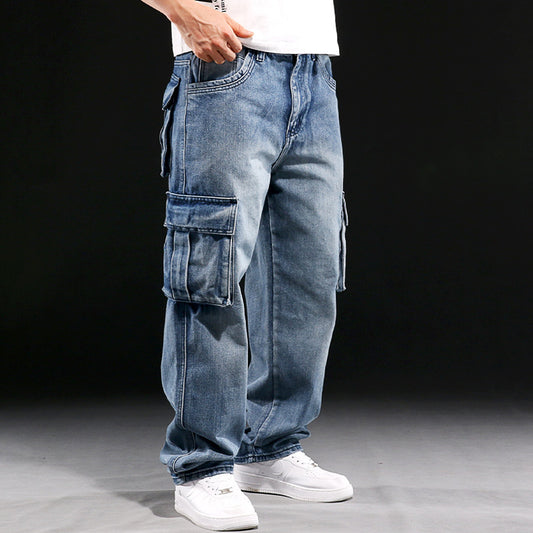 Jean de travail américain multi-poches pour homme, coupe ample, coupe large, grande taille