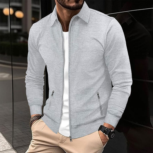 Cardigan gaufré à revers et poches zippées pour homme, coupe ajustée, printemps et automne