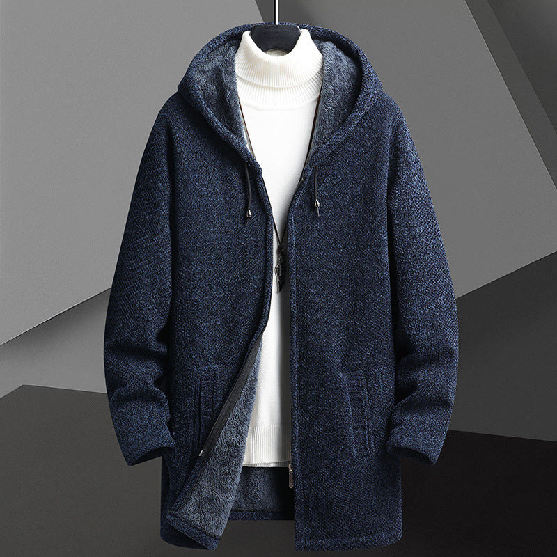 Cardigan mi-long à capuche et fermeture éclair pour homme, doublé polaire, automne-hiver