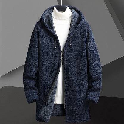Cardigan mi-long à capuche et fermeture éclair pour homme, doublé polaire, automne-hiver