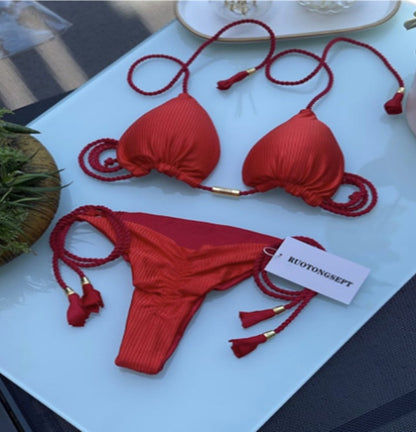 Solid Color Braided Swimsuit Multicolor European And American Bikini