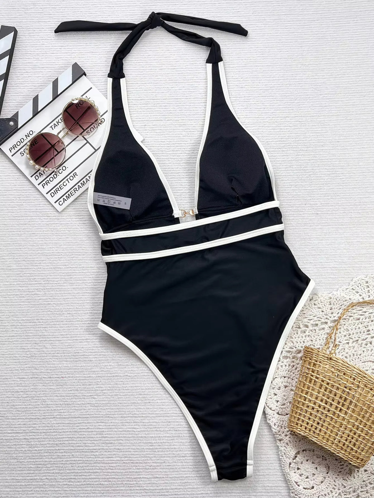 Sexy Bikini Jumpsuit Suspender Deep V Black And White Cross Thin Swimsuit