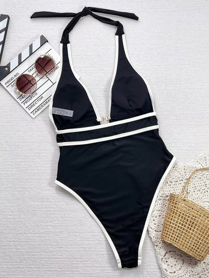 Sexy Bikini Jumpsuit Suspender Deep V Black And White Cross Thin Swimsuit