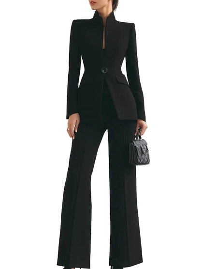 Long Sleeve Solid Color Pocket One Button Small Suit Two-piece Pants