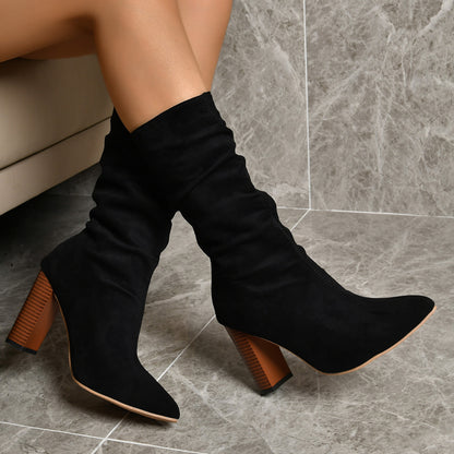 Bottes à talons hauts et bout pointu pour femme, chaussures d'hiver chaudes en daim mi-mollet, tendance et solides, idéales pour toute vos sorties