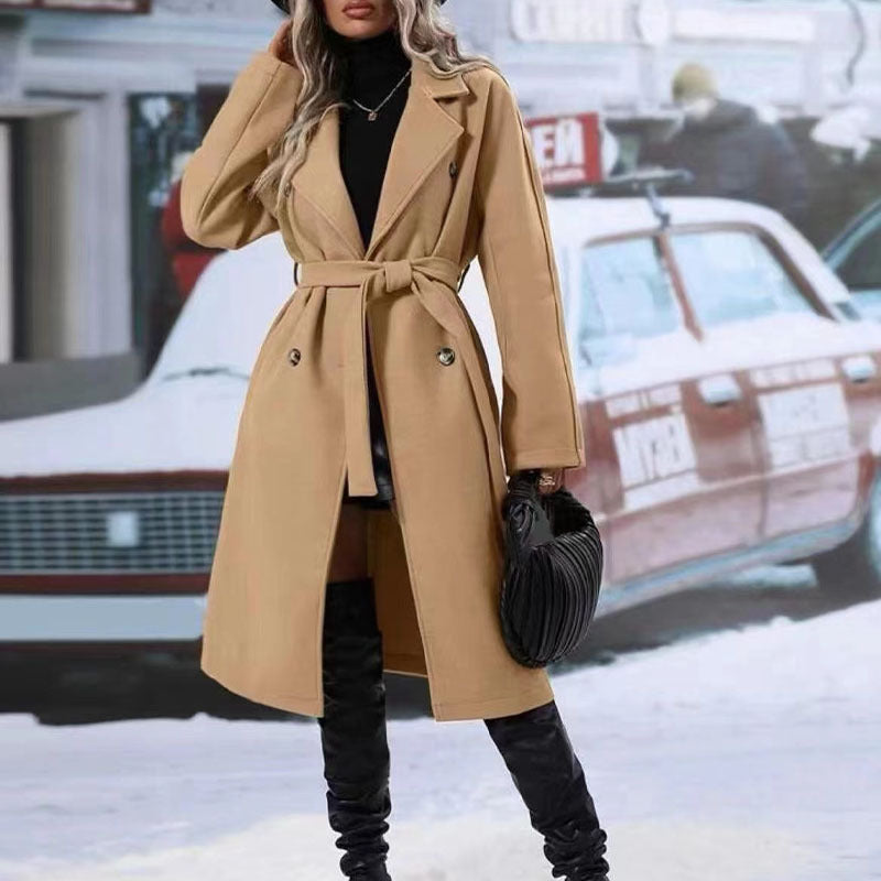 Trench-coat croisé à revers avec ceinture, mode hiver, veste longue couleur unie, vêtements d'extérieur pour femmes