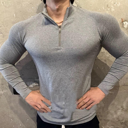 Haut sans coutures à manches longues et fermeture éclair pour entraînement, fitness, extérieur, coupe ajustée