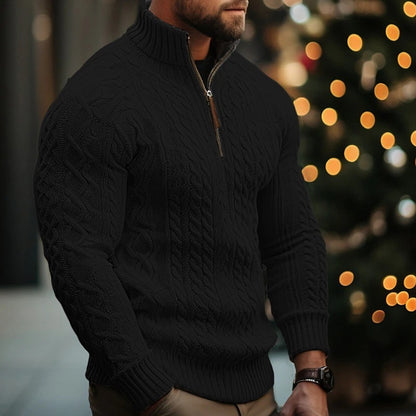 Manteau en tricot à demi-fermeture éclair pour homme, couleur unie, pull épais torsadé
