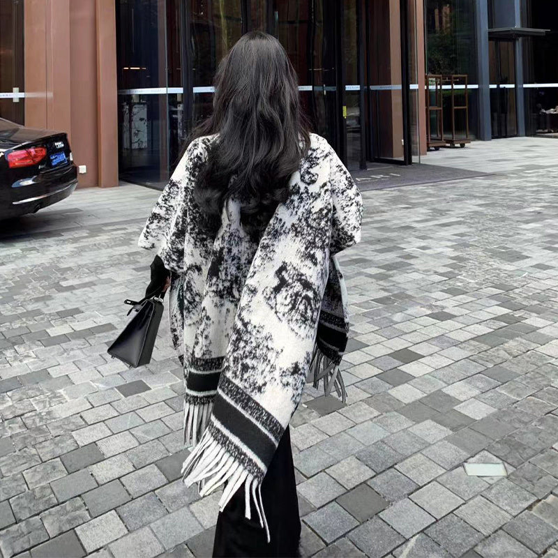 Châle double face avec  pour femme, style rétro, automne et hiver,  très chaud et confortable