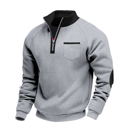 Men's Fleece-lined Heavy-duty Warm Zip-up Stand Collar Patchwork Stylish Casual Long-sleeve Sweatshirt