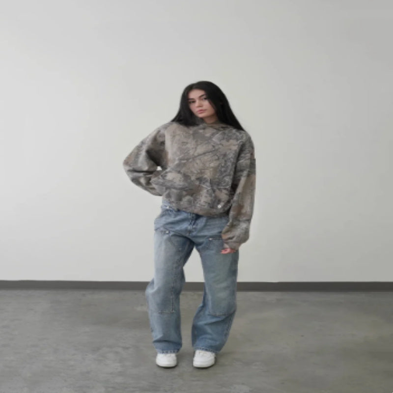 Pull ample à capuche imprimé pour femme, pull à manches longues