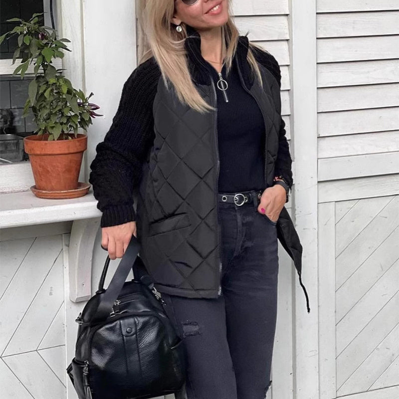 Veste en coton à col montant avec poches, manteau tendance en tricot avec fermeture éclair, hauts chauds d'hiver pour femmes