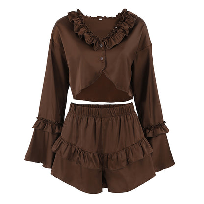 Womens Soft Ruffle-Trim Long-Sleeve Top And Shorts Set