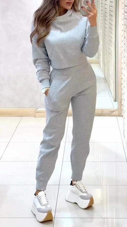 Ensemble de sport à col montant, pull tendance, manches longues, haut court et pantalon slim avec poches, tenues unies, vêtements pour femmes