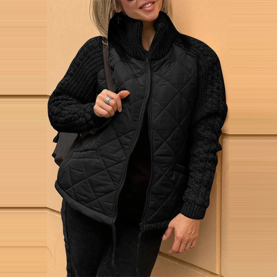 Veste en coton à col montant avec poches, manteau tendance en tricot avec fermeture éclair, hauts chauds d'hiver pour femmes