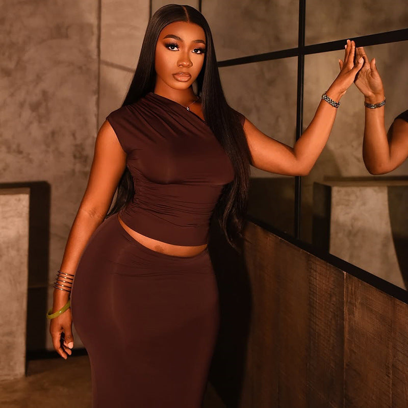 Slim-fit Pleated Fashionable Solid-color Skirt Suit