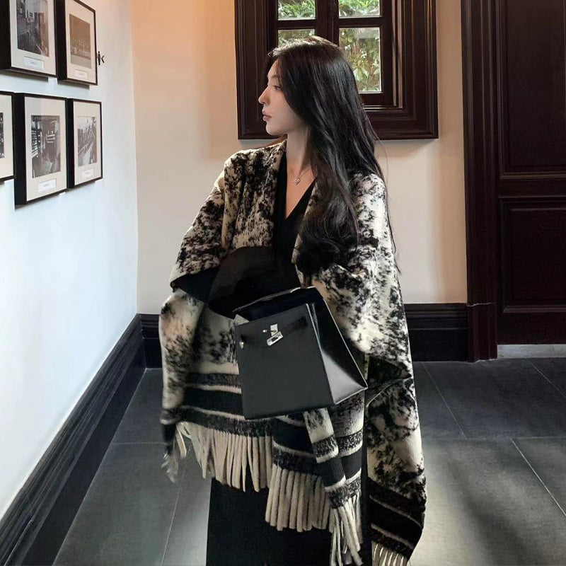 Châle double face avec  pour femme, style rétro, automne et hiver,  très chaud et confortable