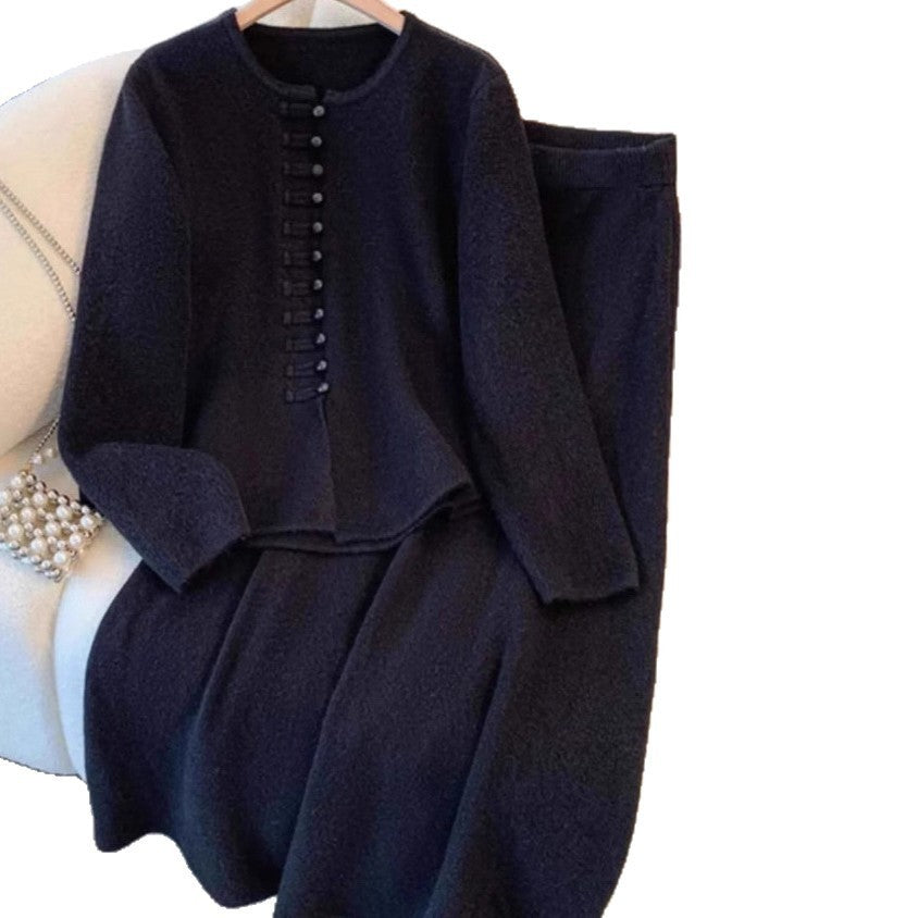 Women's Fashion Chinese Style Solid Color High Sense Sweater Mid-length Dress Set