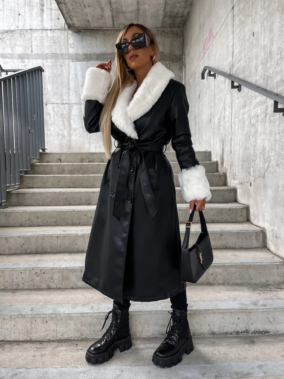 Manteau en cuir ample à lacets, col en fourrure et poches, style décontracté mode pour femme