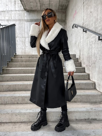 Manteau en cuir ample à lacets, col en fourrure et poches, style décontracté mode pour femme