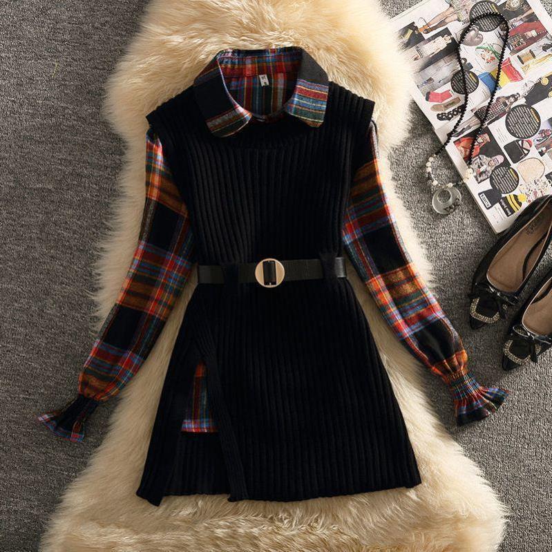 Women's Polo Collar Shirt Sweater Two-piece Set