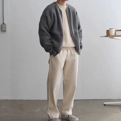 Cardigan tricoté zippé pour homme, doublé, col cheminée, pull, poches, manteau, toutes saisons, confortable, doux, manches longues