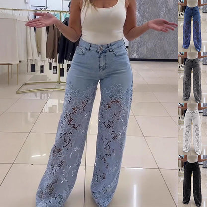 Jean ajouré à fleurs en dentelle Y2K, pantalon taille haute, coupe droite, jambes larges, couleur unie, vêtements pour femmes