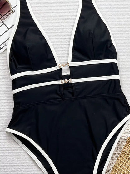 Sexy Bikini Jumpsuit Suspender Deep V Black And White Cross Thin Swimsuit