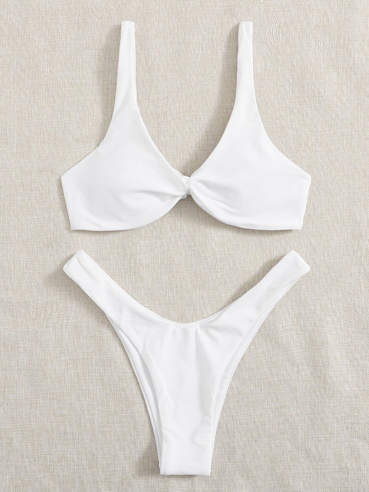 Pure Color Knotted Sexy High-footed Bikini Strap Split Swimsuit