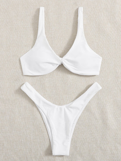 Pure Color Knotted Sexy High-footed Bikini Strap Split Swimsuit