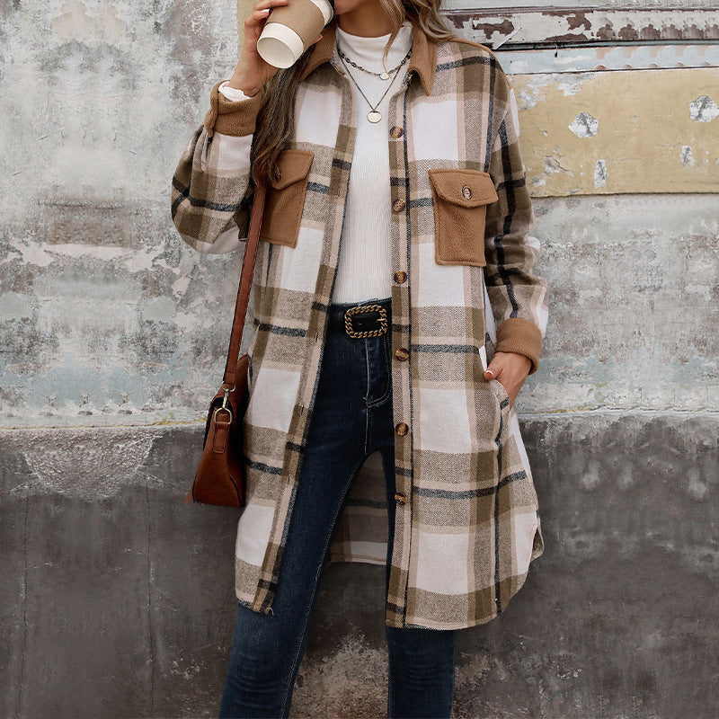 Nouveau manteau long à carreaux brossés avec poches, veste d'hiver tendance, vêtements d'extérieur pour femmes