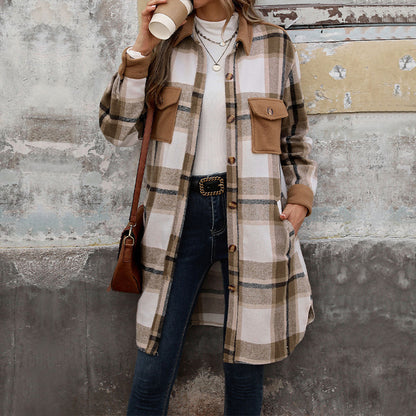 Nouveau manteau long à carreaux brossés avec poches, veste d'hiver tendance, vêtements d'extérieur pour femmes