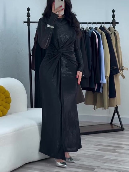 Metallic Maxi Dress With Twist Front Detail And Long Sleeves