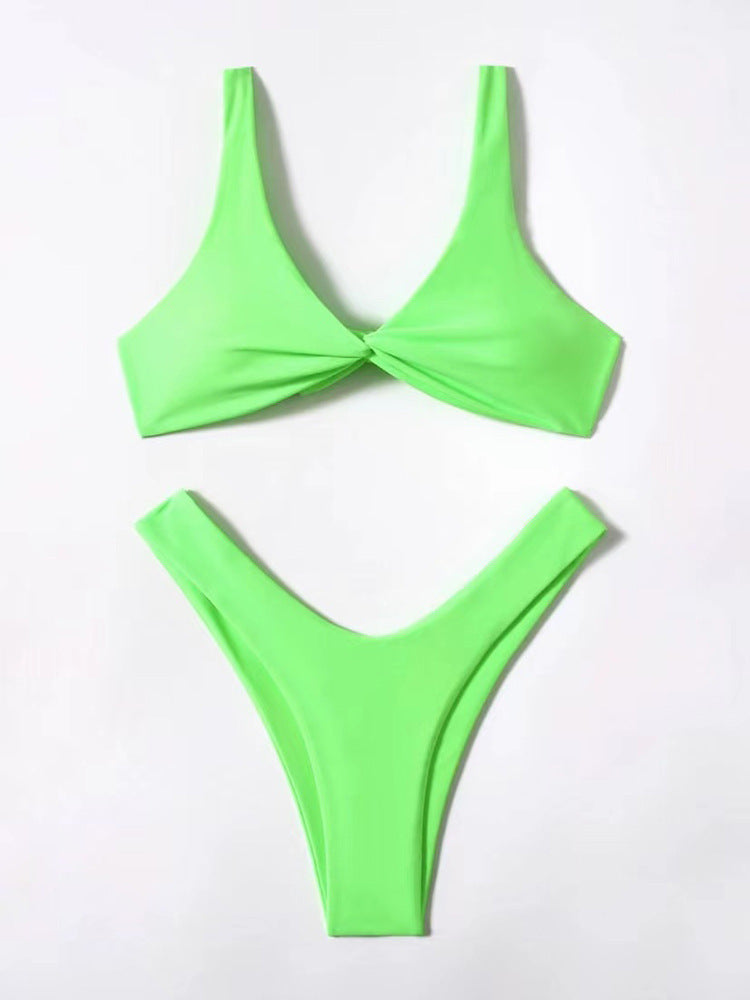 Pure Color Knotted Sexy High-footed Bikini Strap Split Swimsuit