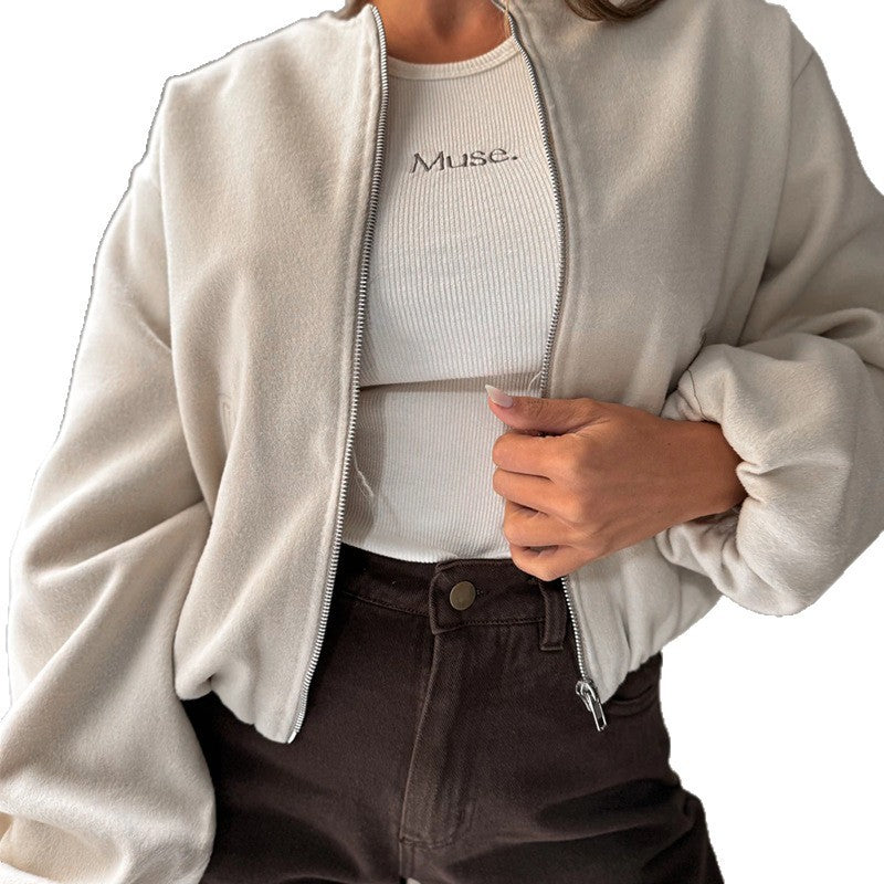 Manteau court à épaules dénudées et col rond pour femme, manches lanternes très cozy