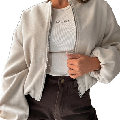 Manteau court à épaules dénudées et col rond pour femme, manches lanternes très cozy