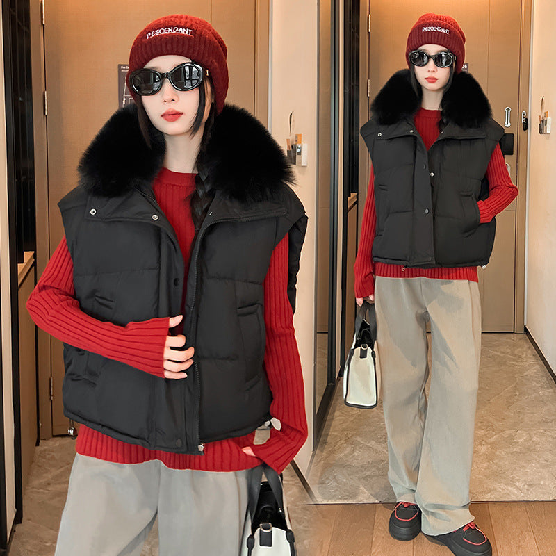 Gilet ample en coton à gros col en fourrure pour femme, fermeture éclair très a la mode.