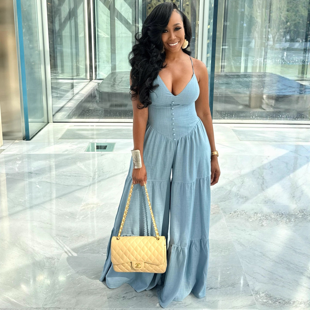 Womens Solid Color Deep V-Neck Long High-Waist Jumpsuit