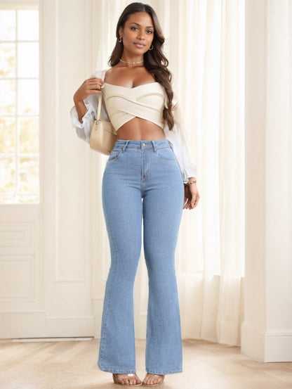 Pantalon long en denim décontracté pour femme avec poche boutonnée sur le devant, design simple