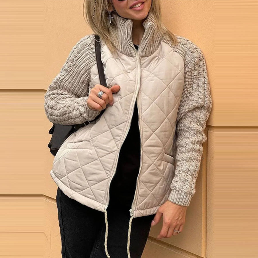Veste en coton à col montant avec poches, manteau tendance en tricot avec fermeture éclair, hauts chauds d'hiver pour femmes