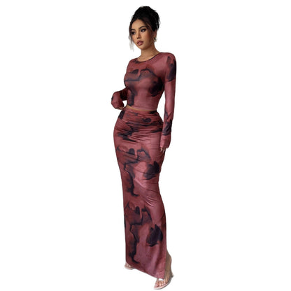 Long-sleeve T-shirt And Tight Long Skirt Set