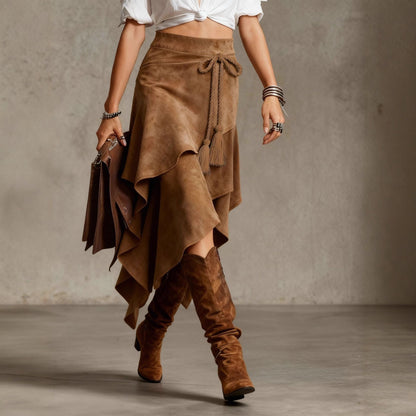 Irregularly Tied Cord Tassel Suede Skirt