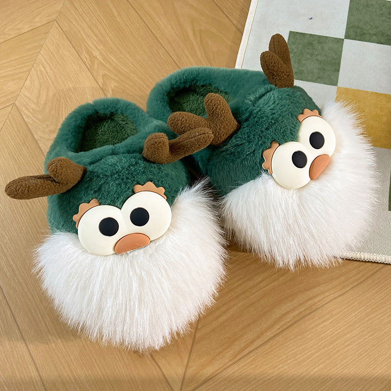 Chaussures mignonnes en coton avec motif cerf de Noël pour femme, pantoufles d'hiver d'intérieur, à talon semi-couvert, chaudes et en peluche