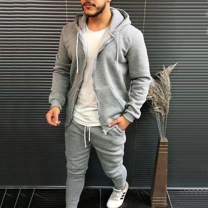 Mens Fashion Solid-Color Casual Hooded Cardigan Set