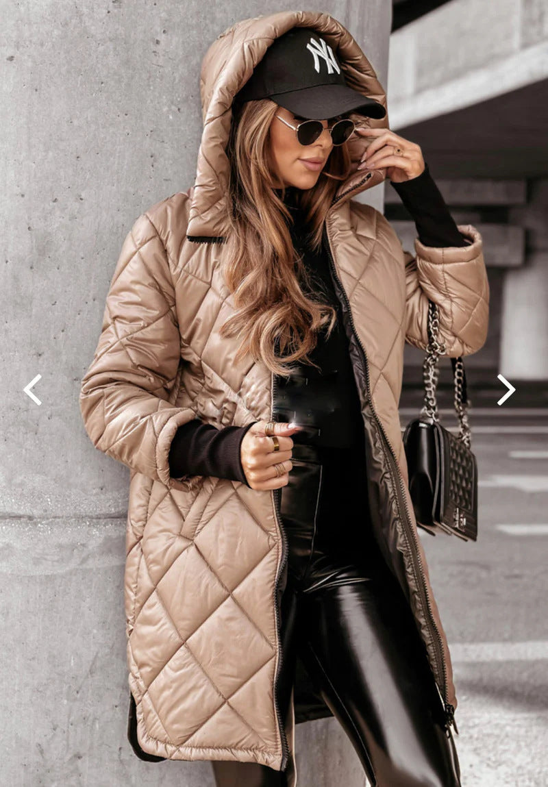 Veste d'hiver mi-longue à capuche en coton rembourré pour femme