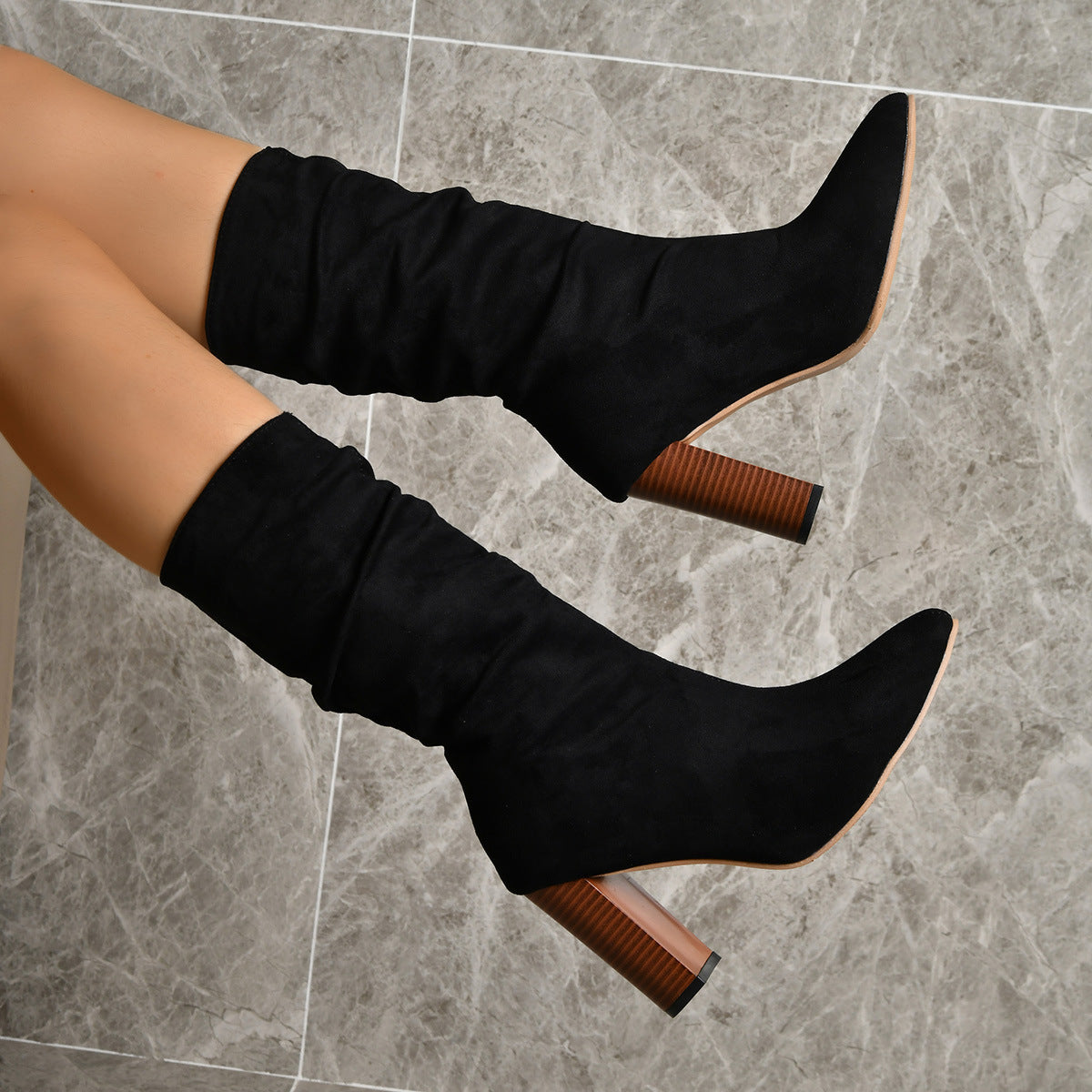 Bottes à talons hauts et bout pointu pour femme, chaussures d'hiver chaudes en daim mi-mollet, tendance et solides, idéales pour toute vos sorties